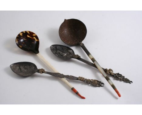 TWO LATE 19TH CENTURY TURKISH PARCELGILT SPOONS with embossed bowls, together with a bone & tortoiseshell spoon with a coral 
