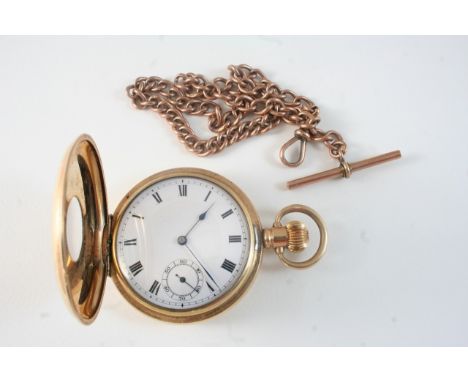 A GOLD PLATED HALF HUNTING CASED POCKET WATCH the white enamel dial with Roman numerals and subsidiary seconds dial, 50mm., t