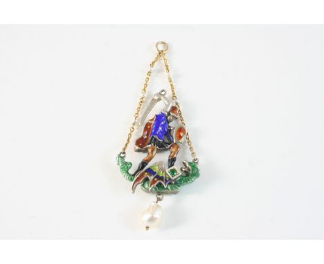 AN AUSTRO-HUNGARIAN ENAMEL PENDANT depicting a young warrior slaying a dragon, 7cm. high.