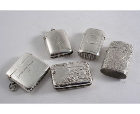 A VICTORIAN SCROLL ENGRAVED VESTA CASE with button-operated cover, initialled, an Edwardian vesta set with a compass & inscri