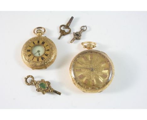 AN 18CT. GOLD OPEN FACED POCKET WATCH the gold foliate dial with Roman numerals, with engine turned decoration to the back ca