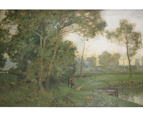 SIR ALFRED EAST, RA (1849-1913) GENTLE EVENING Signed, inscribed with title verso, oil on canvas 60 x 91cm. Provenance: By de
