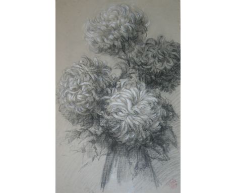 •CLAUDE-EMILE SCHUFFENECKER (1851-1934) STUDY OF CHRYSANTHEMUMS With atelier stamp, charcoal and white chalk on pale grey pap