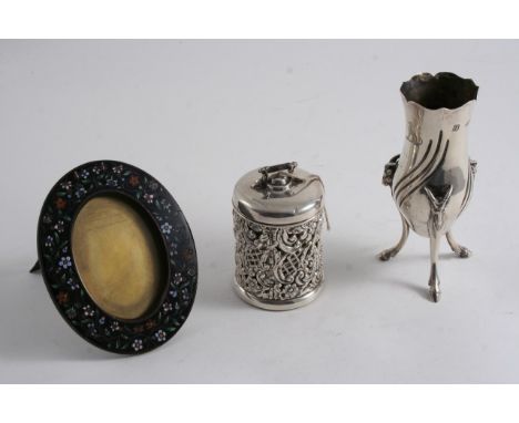 A MIXED LOT: A late Victorian vase on three goat mask & hoof legs, by Frazer & Haws, London 1896, an Edwardian string box wit