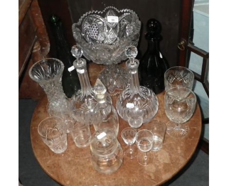 A GREEN BLOWN GLASS DECANTER and a further collection of glassware