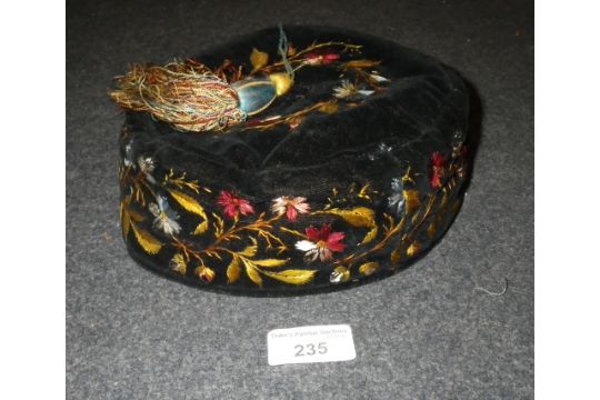 An Early 20th Century Vintage Smoking Cap With Embroidered