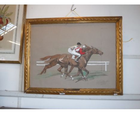 EUGENE PECHAUBES, 1890-1967: A signed lithograph with colouring of two racing horses, no. 292/300, in a gilt frame
