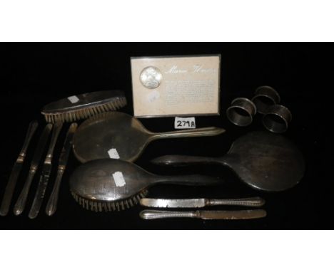 A SILVER-BACKED BRUSH, COMB AND MIRROR SET, with engine-turned decoration and a collection of similar items