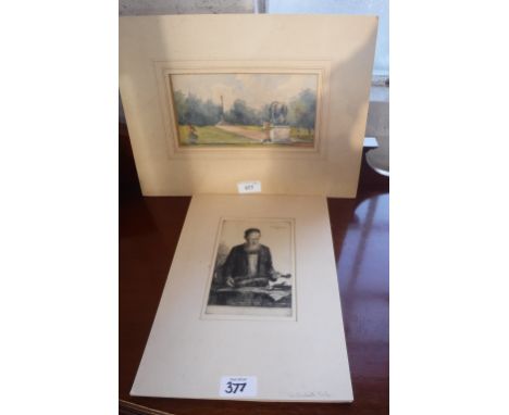 AN UNFRAMED WATERCOLOUR of the garden at Kingston Lacey, together with an etching by Nathaniel Sparks 'The Artist's Father', 