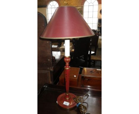 A RED CHINOISERIE PAINTED TABLE LAMP by Woolpit Interiors, with shade