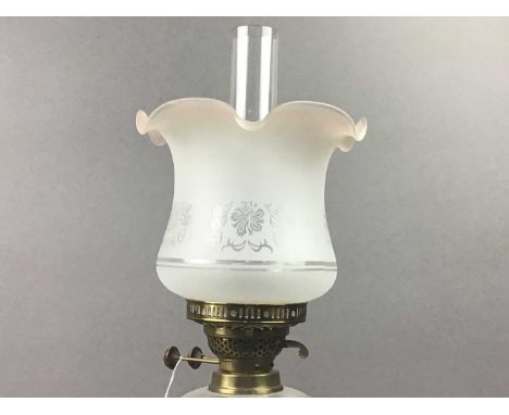 VICTORIAN BRASS OIL LAMP,with clear chimney and etched opaque glass shade, 72cm high