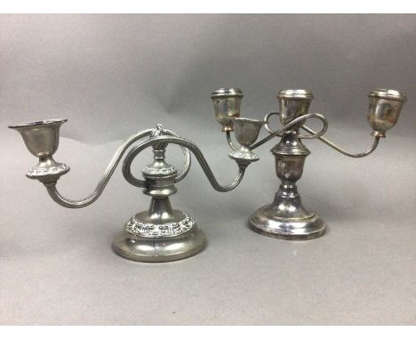 LOT OF SILVER PLATED WARE,including two candelabra, trophy cups, and a pewter vase