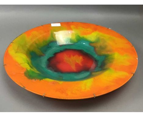 MURANO GLASS CHARGER,42cm diameter, along with a vintage glass ice bucket with chrome handle, and a pair of studio pottery go