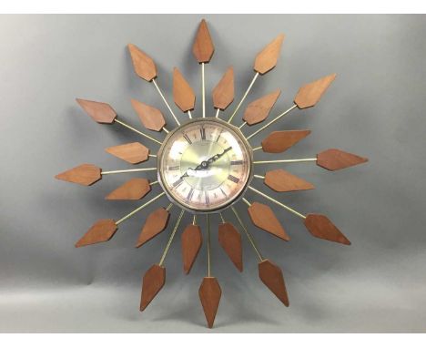TEAK AND BRASS WALL CLOCK,by Anstey &amp; Wilson, along with a table lamp with shade (2)