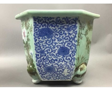 20TH CENTURY CHINESE STONEWARE HEXAGONAL PLANTER,27cm high