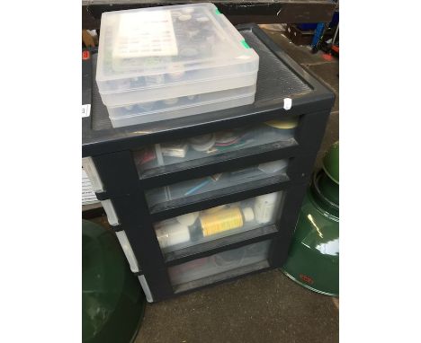 A 4 drawer storage cabinet with good collection of misc tools, etc and 2 trays of Humbrol enamel paints. 