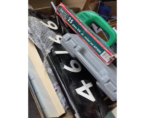 A box of misc tools and equipment to include cordless grass cutter, saws, drill bits, signs, 25 pcs socket set, etc. 