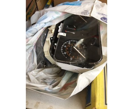 Two classic car dashboard dials possibly off a Vauxhall Cavalier, and other car related items. 