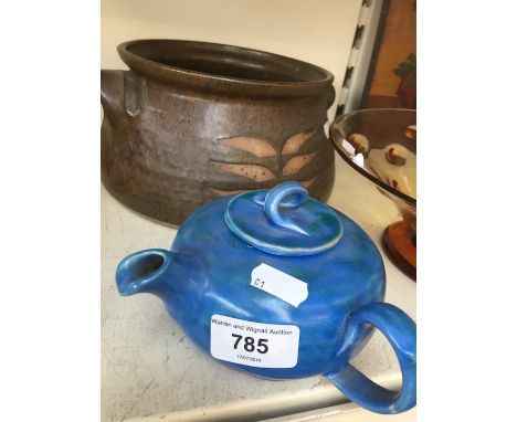 Brannam Barnstaple blue pottery teapot and a glazed art pottery bowl 