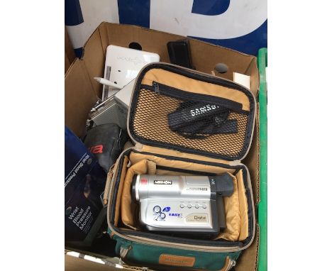 A box of misc electronics to include radios, walkman, camera equipment, video camera in case, batteries, tablet dock, webcam,