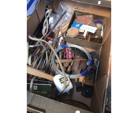 A box of tools and garage related items. 