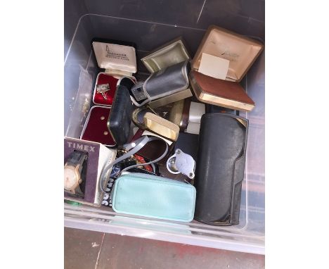 A box containing mobile phones, empty jewellery boxes, watches to include Timex, Sekonda and cameras : Minolta - 16, Praktica