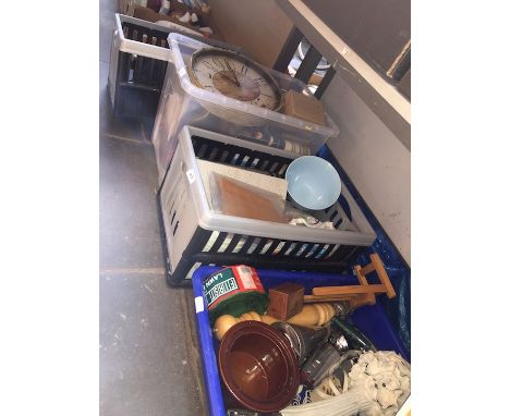 Four boxes of assorted items including clock, pottery, safety lamp, cameras etc 