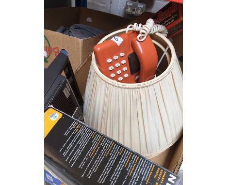 A misc lot containing a Sony radio, a Netgear router, a Sketch-a-Graph, 2 lamp shades and a push button house phone. 