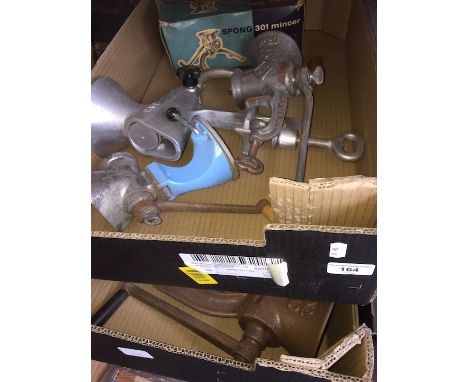Two boxes of vintage mincing machines 