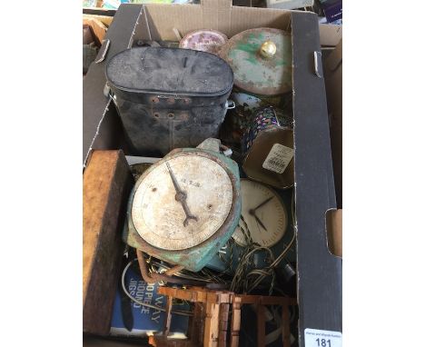 A box of misc to include old tins, weighing scale, binoculars, etc. 