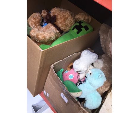 2 boxes of misc collectable soft toys to include Ty, Chad Valley, Pokemons, Alpacasso, etc. 