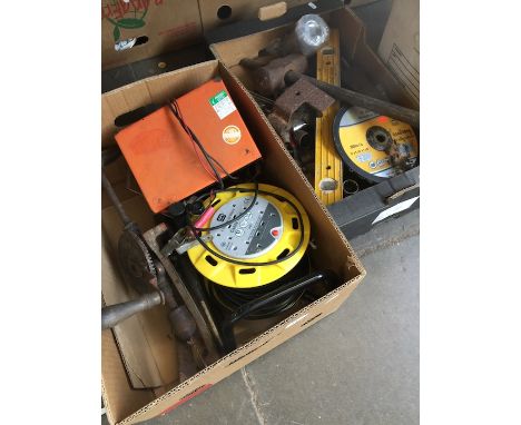 2 boxes of misc tools to include cable reel, brace and bit, hammer, etc. 