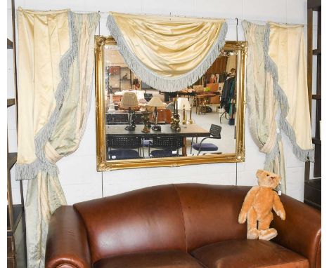 A Pair of Cream and Green Floral Brocade Lined and Interlined Striped Curtains, with swags and tie-backs, curtain width 128cm
