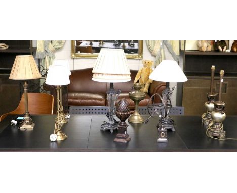 Three Pairs of Modern Table Lamps, a further Corinthian column table lamp, an oil lamp and two modern decorative items (10) 