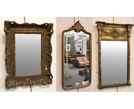 A Regency Giltwood Pier Glass Mirror of architectural form, relief detail, the original plate flanked by columns, 77cm high b