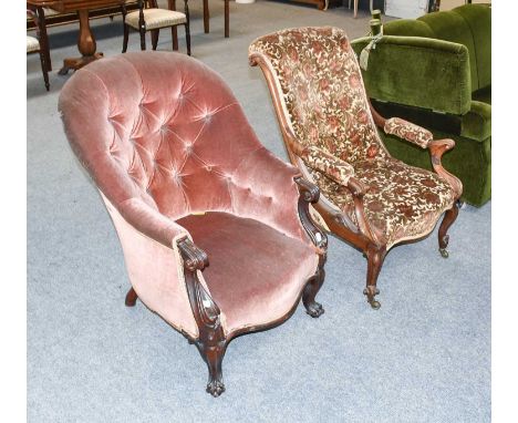 A 19th Century Mahogany Framed Button Back Armchair, raised on cabriole legs to claw feet, 95cm high by 61cm wide, together w