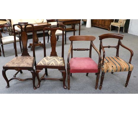 Two Early 18th Century High-Back Side Chairs, drop in seats upholstered in Enid Marx fabric, together with two Regency Mahoga