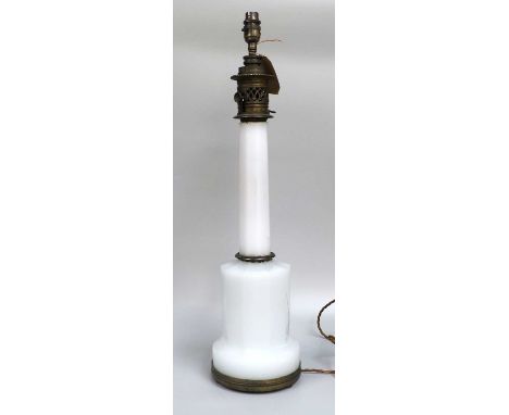 A French 19th Century Large White Opaque Glass Lamp Base, with later fittings, 67cm highColumn with a V shaped chip and assoc