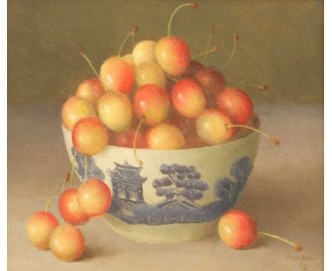 Gerald Norden (1912-2000) "Cherries in a blue and white bowl" Signed and dated (19)98, oil on board, 16.5cm by 19cm  The Catt
