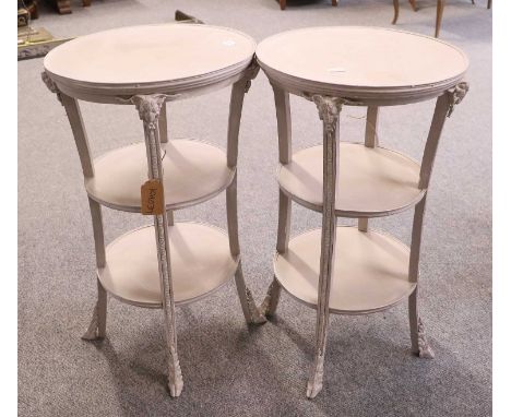 A Pair of French Mahogany and Gilt Metal Lamp Tables, later cream painted, 40cm by 73cm
