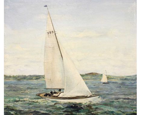 H F Theobald (20th Century)A yacht at full sailSigned and dated (19)54, oil on board, 61cm by 70.5cmLayer of general surface 