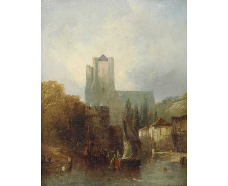 British School (19th Century)Sailing vessels at a town gate, with a veiw of a minster beyondIndistinctly signed?, oil on canv