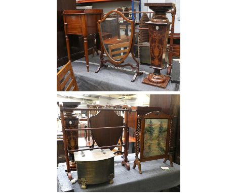 A Victorian Mahogany Pot Cupboard, a penwork torchere, a shield shaped dressing table mirror, a towel rail, a barleytwist fir