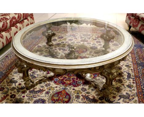 A 20th Century Gilt and Painted Cirular Coffee Table, together with a modern twin-light table lamp, 113cm 45cm (2)