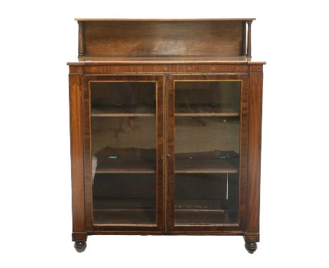 A Regency Rosewood, Satinwood-Banded and Marquetry-Inlaid Chiffonier, early 19th century, with single shelf on turned column 