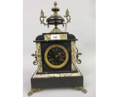 19th Century black slate and marble mantel clock with urn surmount, with a two train movement striking on a bell 