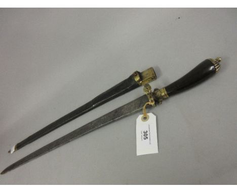 Antique hunting sword with engraved steel blade and brass mounted horn gripSlight pitting to blade, blade is 17.5ins long, pl