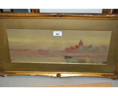 F. Nevil, gilt framed watercolour, figure in a boat on a river before a church, a pair of framed groups of three coloured pri