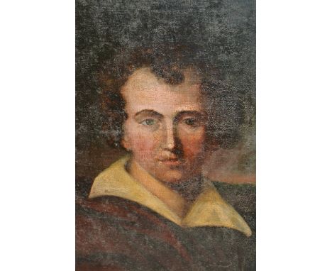 19th Century English school, oil on canvas, half length portrait of Lord Byron, 29ins x 24ins, gilt framed (for restoration),