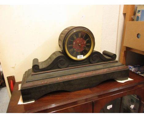 Large 19th Century black slate and rouge marble drum form mantel clock, the black slate and rouge marble dial with Roman nume